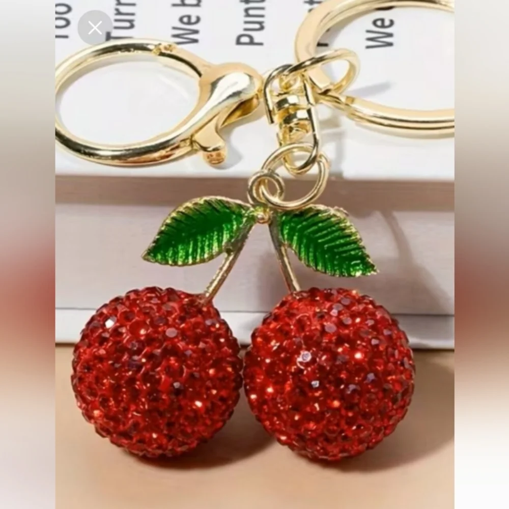 Trending Cherry Keychain Bag Charm Red Green Beaded Crystal Rhinestone NEW
